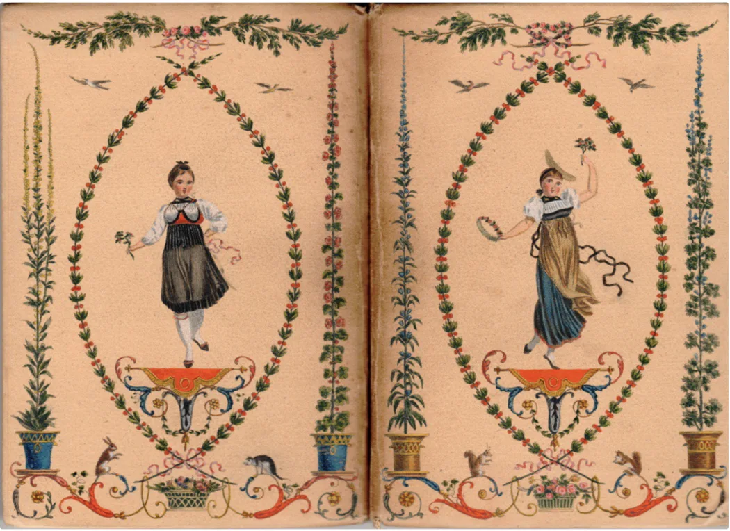 Berner Trachtenmeitschi, handkolorierter Buchumschlag der Alpenrosen, 1825
